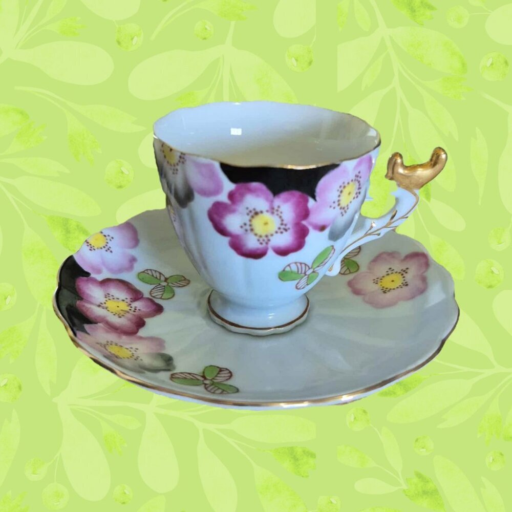 SHAFFORD Vintage Black & Pink Mini Porcelain Tea Cup